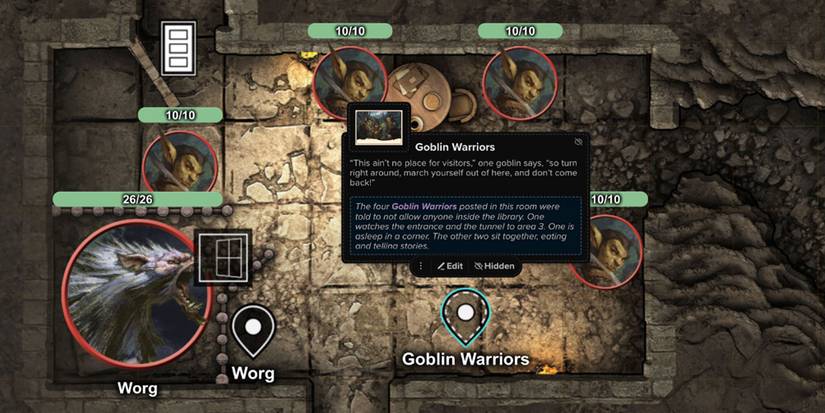 Roll20's virtual map pins offering more information about a goblin encounter