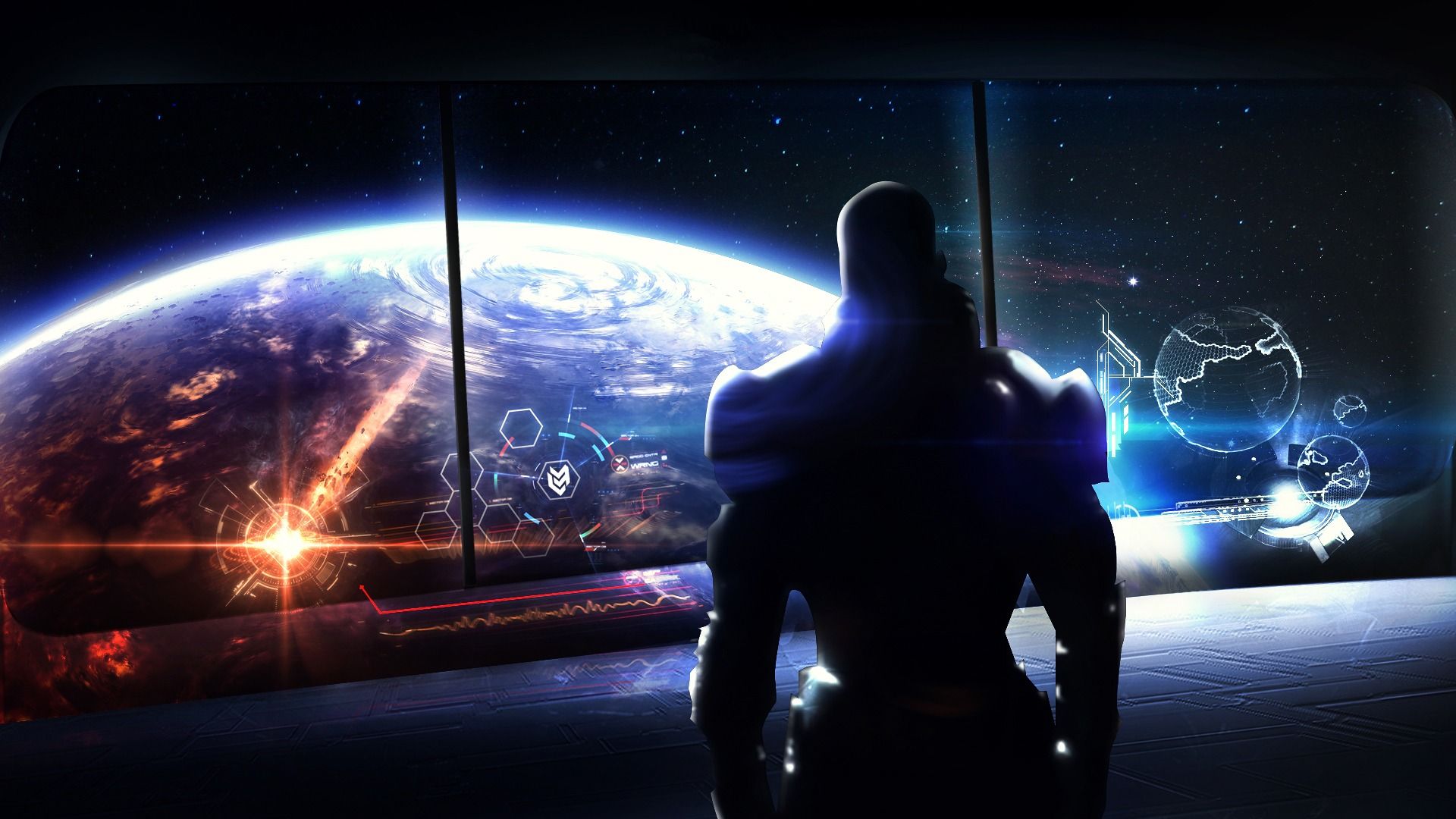 Shepard in Mass Effect 3 looks out at space