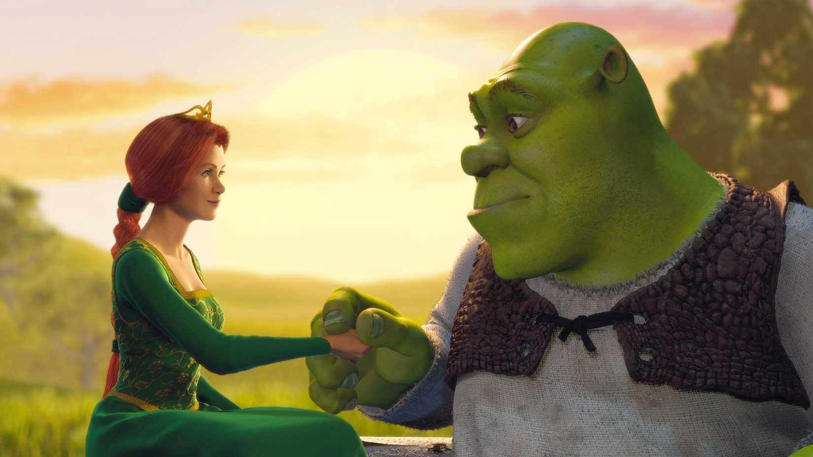 Shrek and Fiona have a romantic moment at sunset