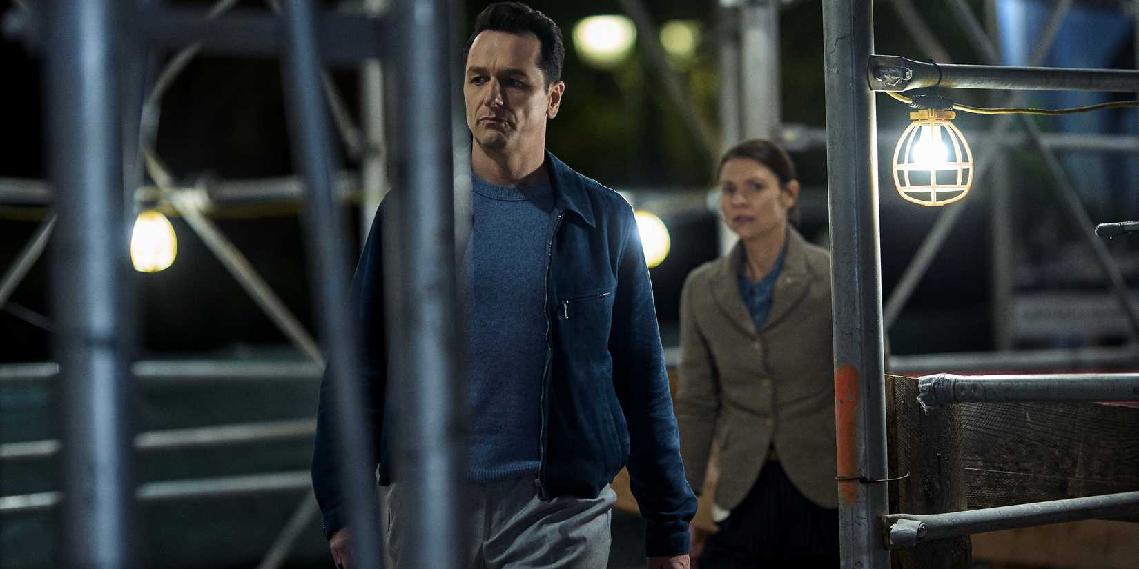 Nile Jarvis (Matthew Rhys) and Aggie Wiggs (Claire Danes) walking through a construction site on The Beast in Me