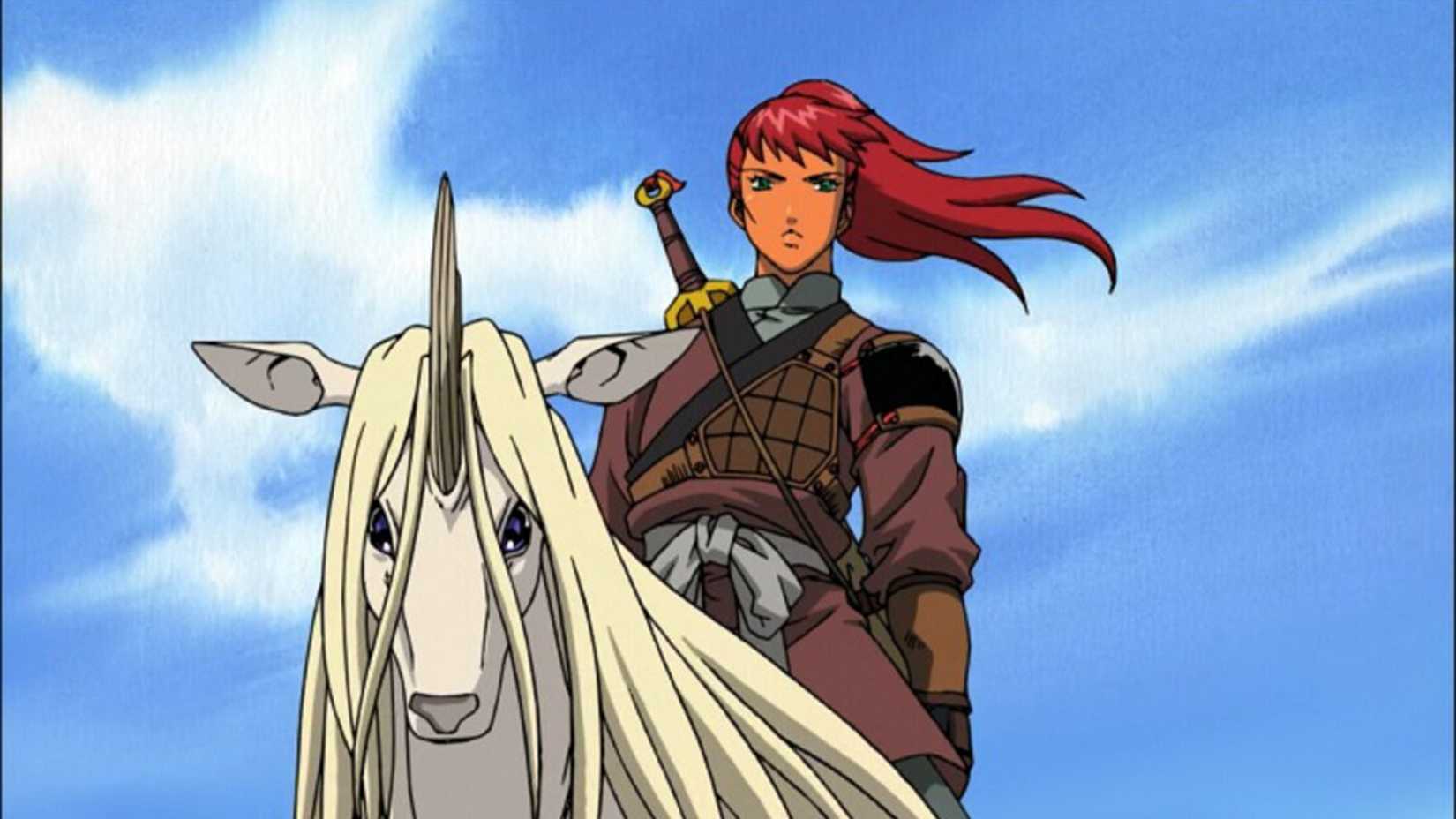 Youko Nakajima looking pensive as she looks down from the unicorn she's sitting on in The Twelve Kingdoms