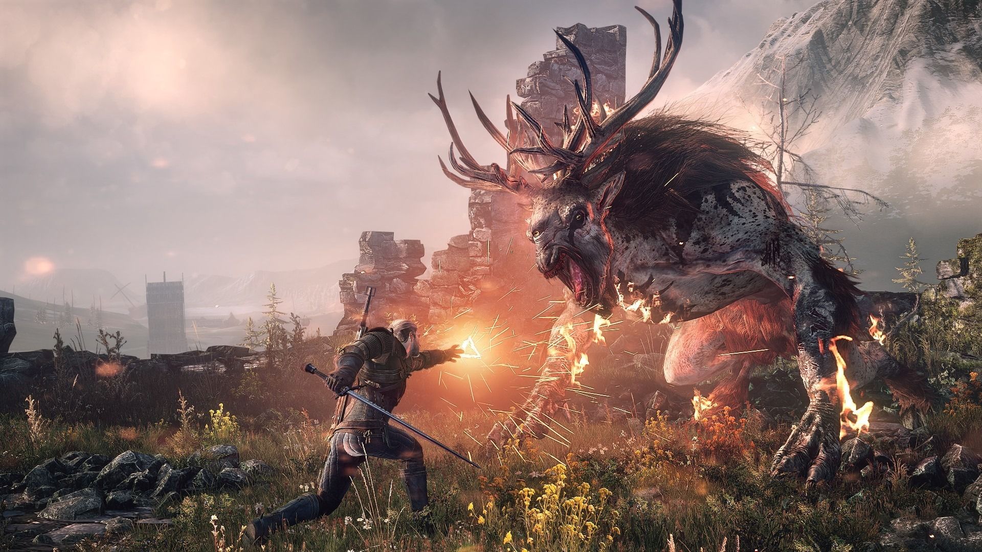The Witcher 3 wild hunt screenshot of Geralt fighting a monster
