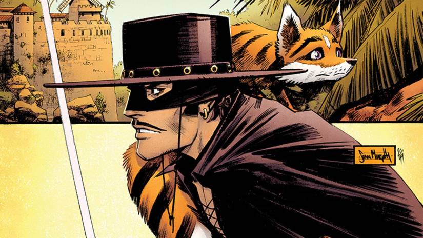 Zorro holding his sword with a fox next to him