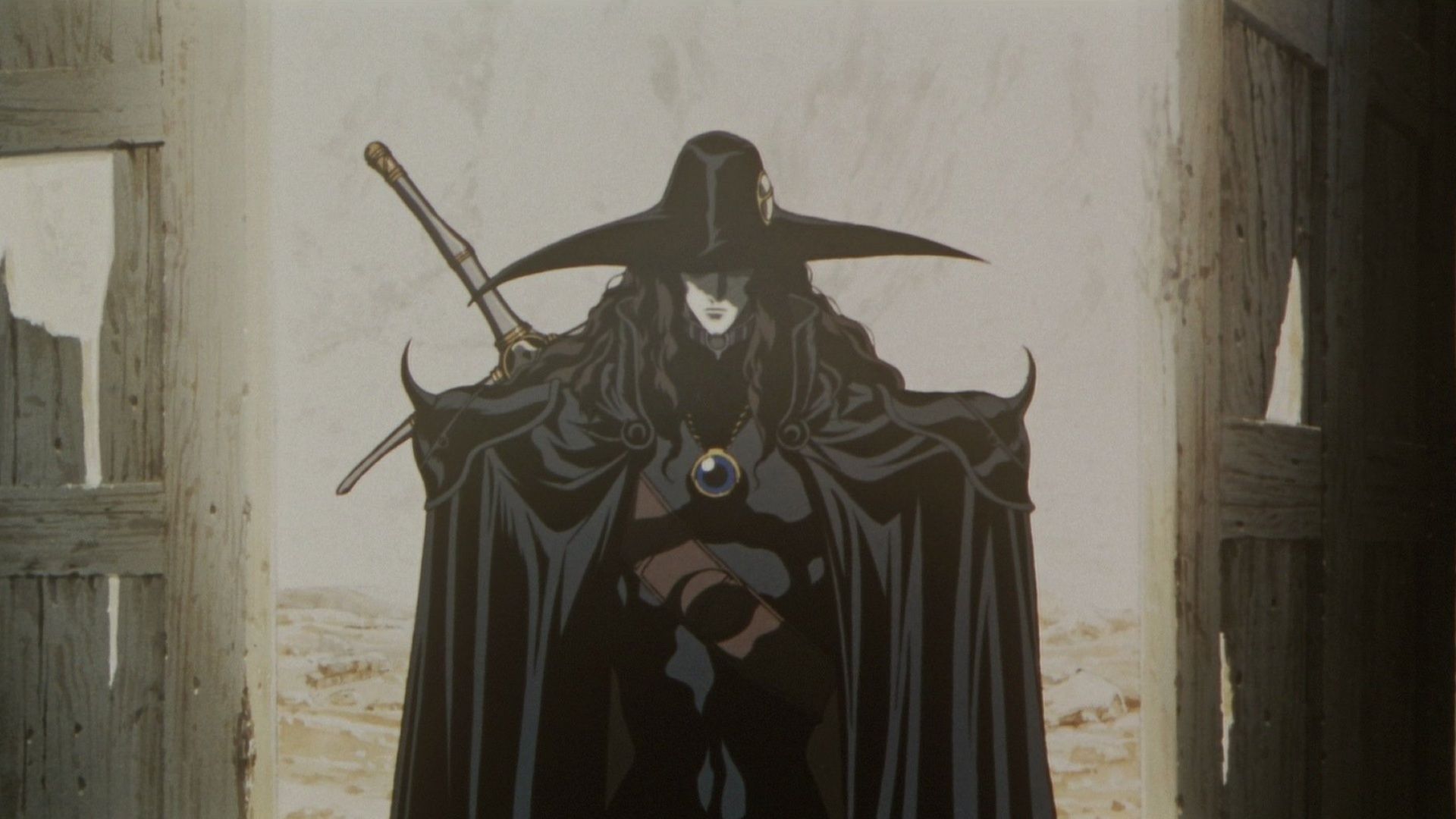 D ominously enters a village in Vampire Hunter D: Bloodlust.