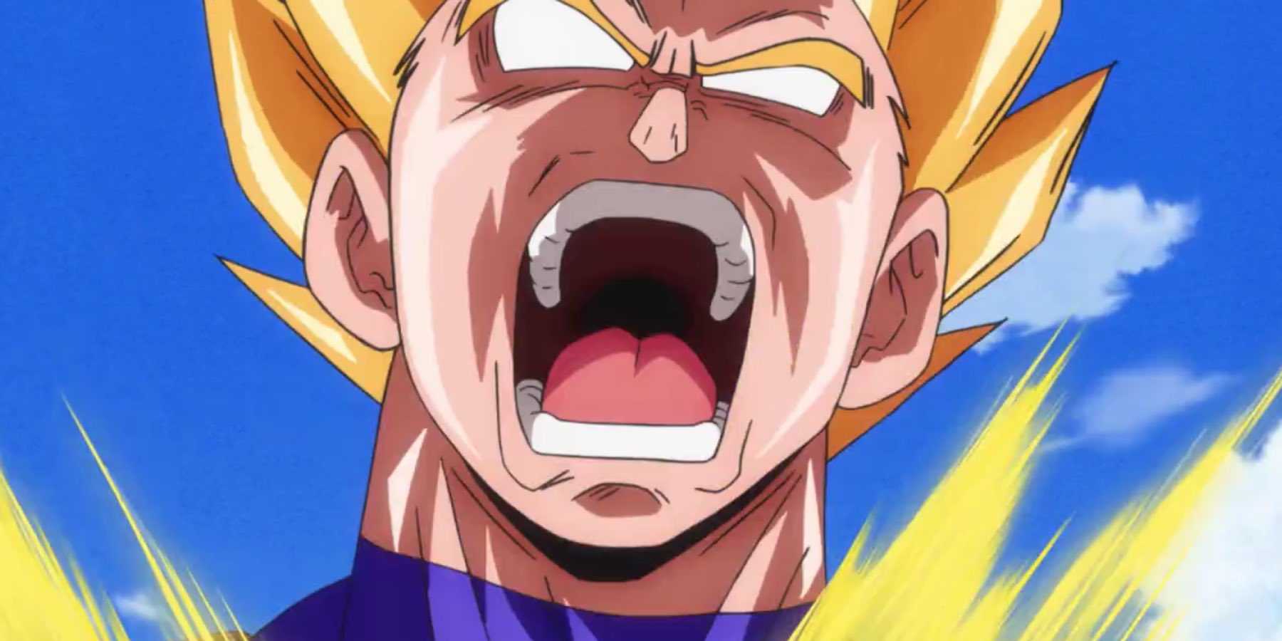 Vegeta in Super Saiyan form attacks Beerus for hitting Bulma in Dragon Ball Super