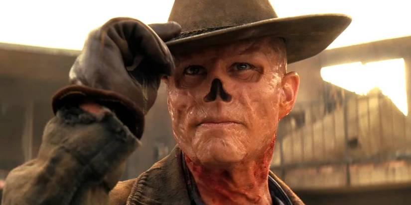 Walton Goggins as The Ghoul nodding with his hat in Fallout Season 2
