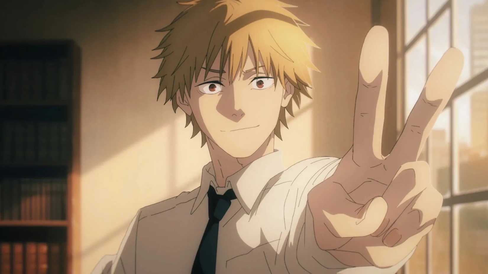 Denji giving the peace sign with a smile on his face in Chainsaw Man Season 1