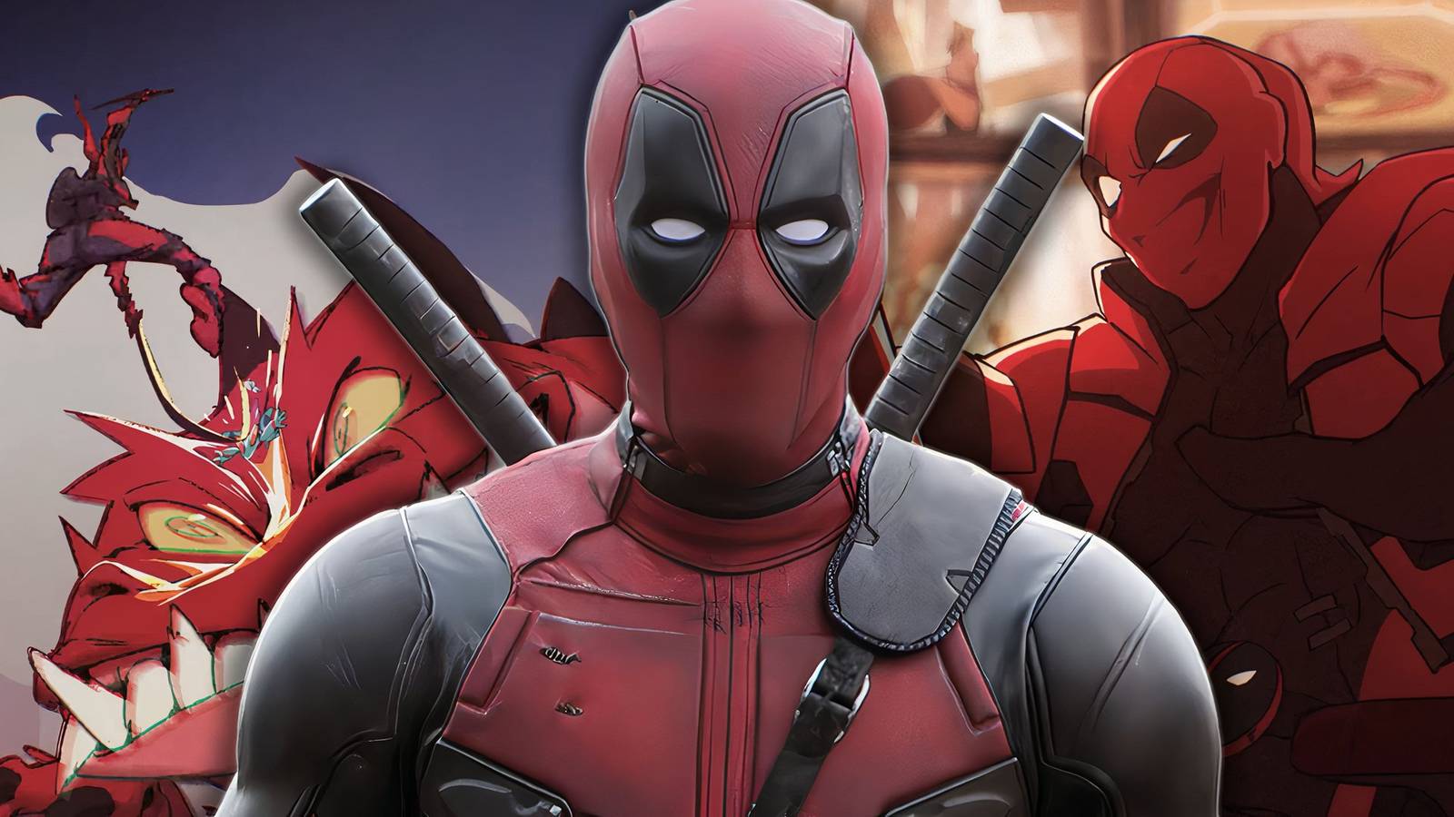 A custom image featuring live-action Deadpool standing in front of images from Deadpool's Marvel Rivals announcement trailer