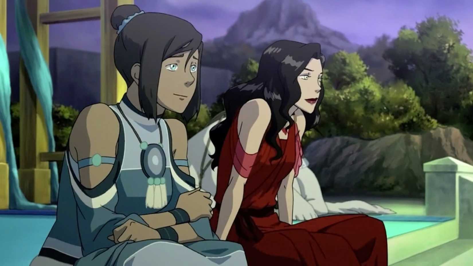 Korra and Asami sit together at Varrick and Zhu Li's Wedding