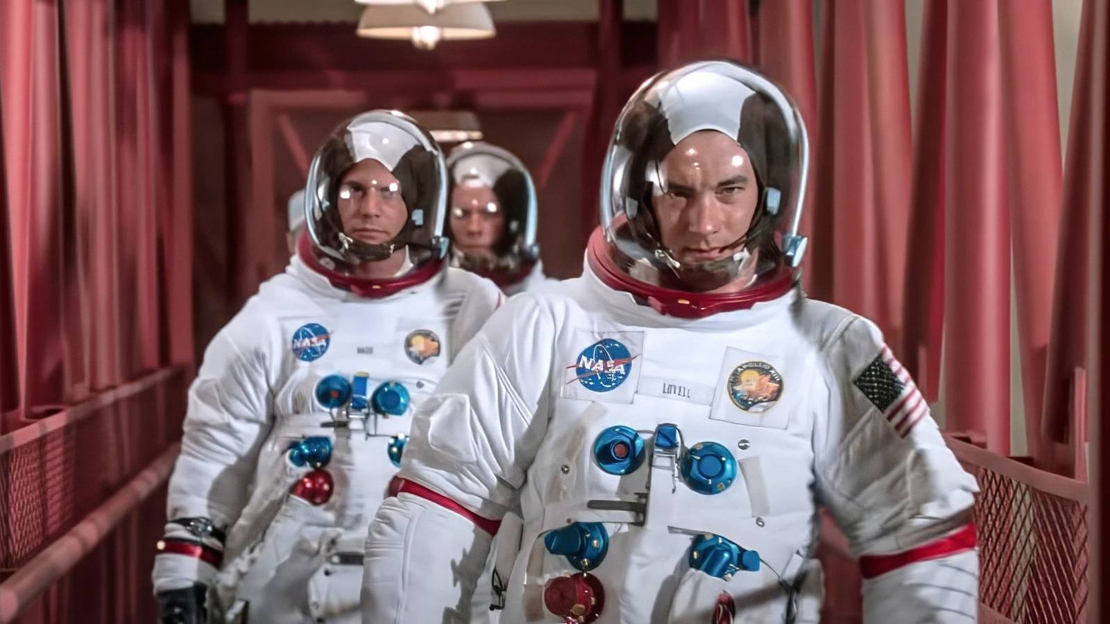 Three men in spacesuits, Apollo 13's brave flight. \, image size:1600x900