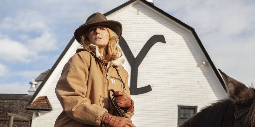 Beth Dutton rides a horse at the ranch in Yellowstone