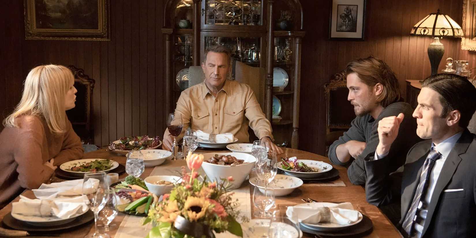 Beth John Kayce and Jamie Dutton at the dinner table in Yellowstone