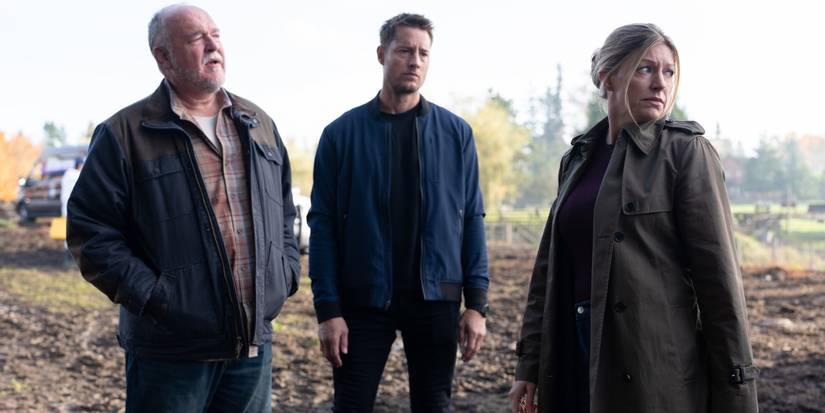 Brent Sexton as Keaton, Justin Hartley as Colter, and Jess Macallan as Detective Simms at a body farm in Tracker 'Good Trouble'