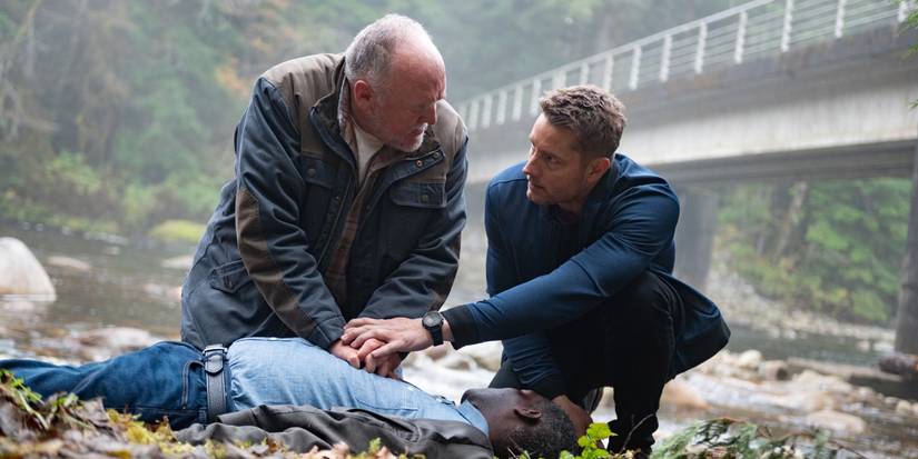 Brent Sexton as Keaton performing CPR on Dean McKenzie as Dobbs as Justin Harley as Colter tells him he's dead in Tracker 'Good Trouble'