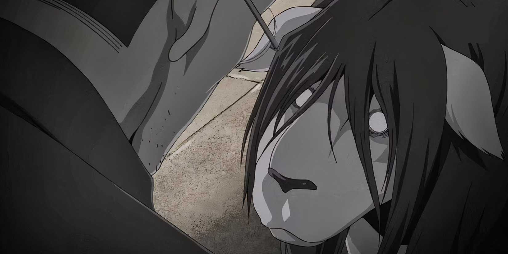 Chimera Nina looks up at Shou Tucker in the Fullmetal Alchemist Brotherhood anime