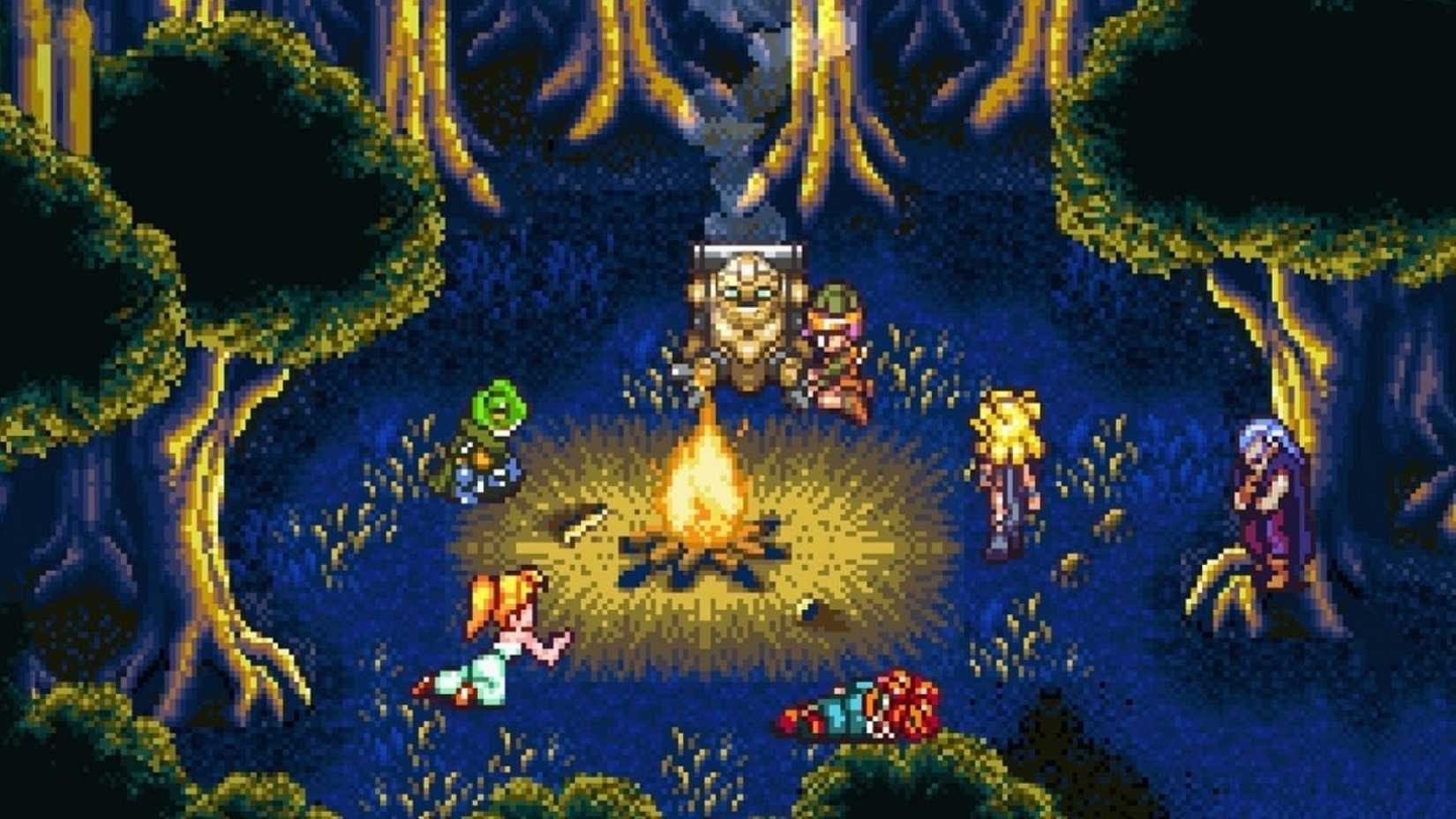 Chrono Trigger gameplay scene that shows the entire party gathered together around a campfire in the forest