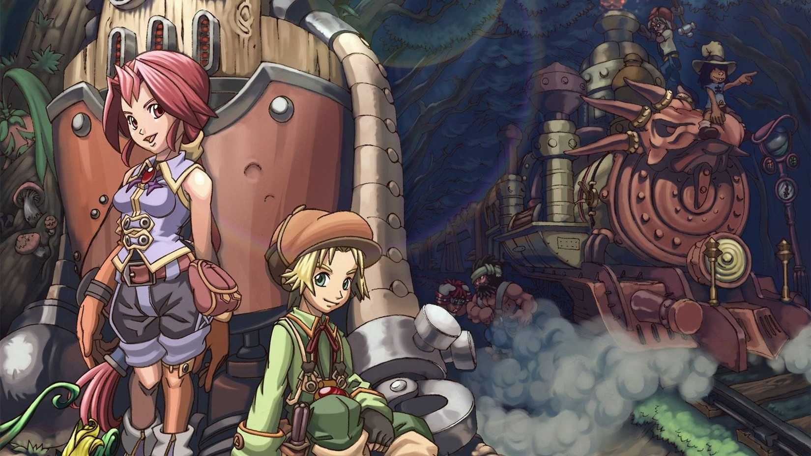 Monica standing in front of a giant robot while her partner Max sits down next to her while a giant steam engine train is behind them on Dark Cloud 2 key art