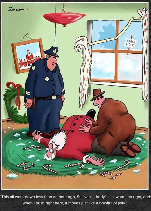 Detetives investigam o suposto assassinato de Papai Noel em The Far Side.