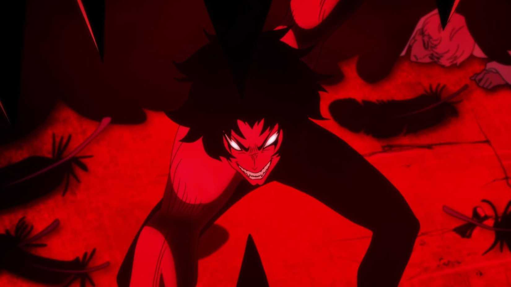 The demonic teenager Akira smiles maliciously in Devilman Crybaby