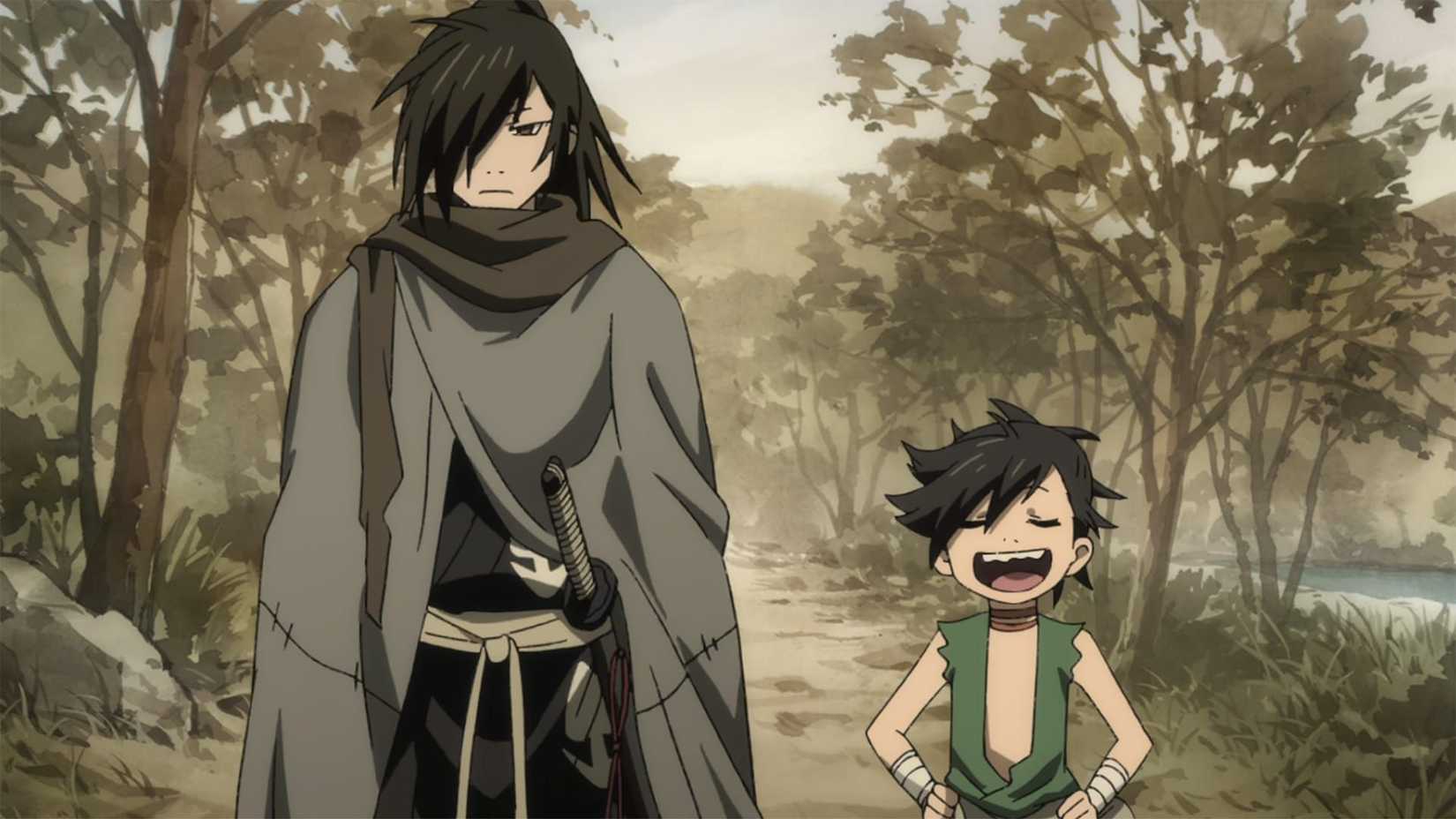 Dororo and Hyakkimaru walk down a country road in the 2019 Dororo anime remake.