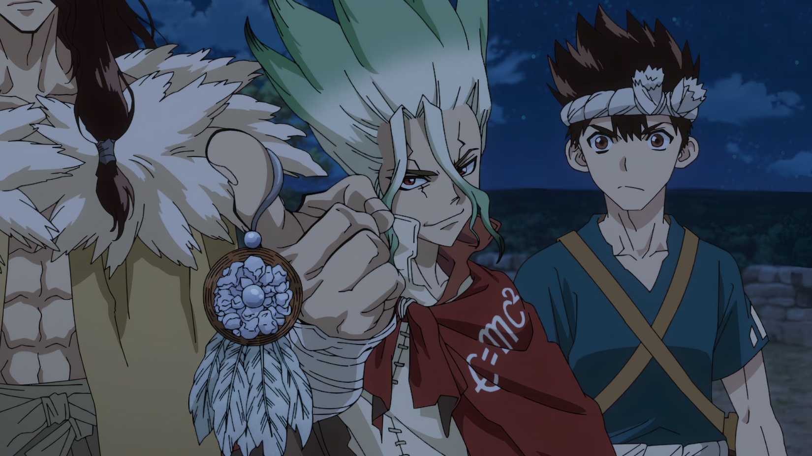 Dr. Stone season 4 Senku joining hands with Xeno, Tsukasa and Chrome in the background