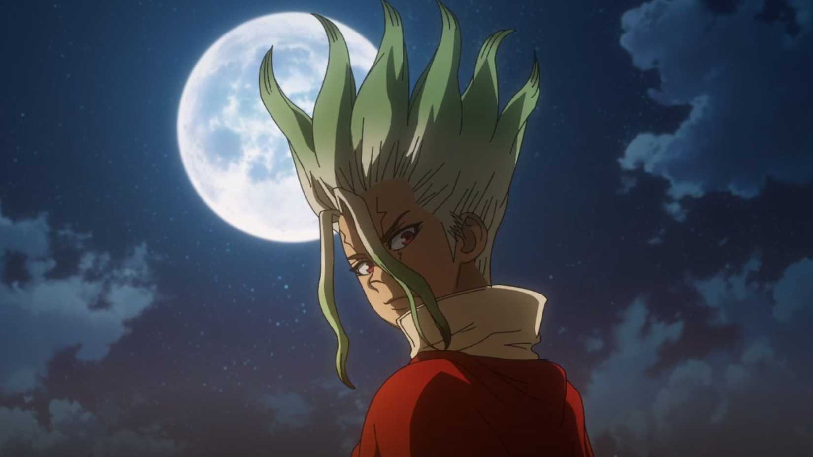 Dr. Stone season 4 Senku turning back in the night with the moon behind his back