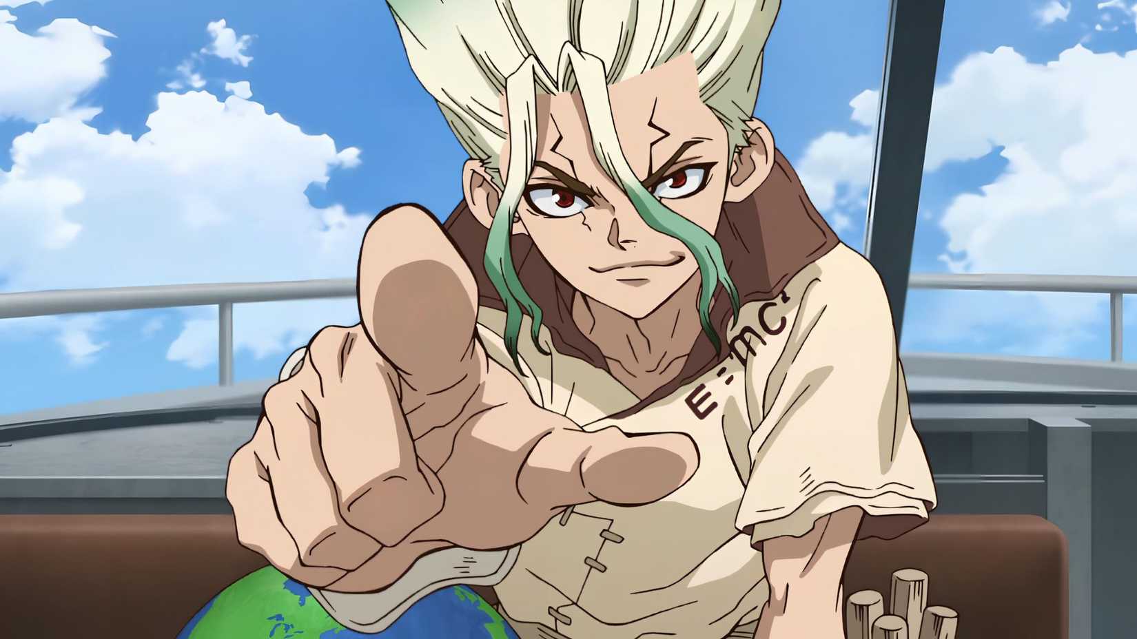 Senku du Dr Stone pointant vers le public