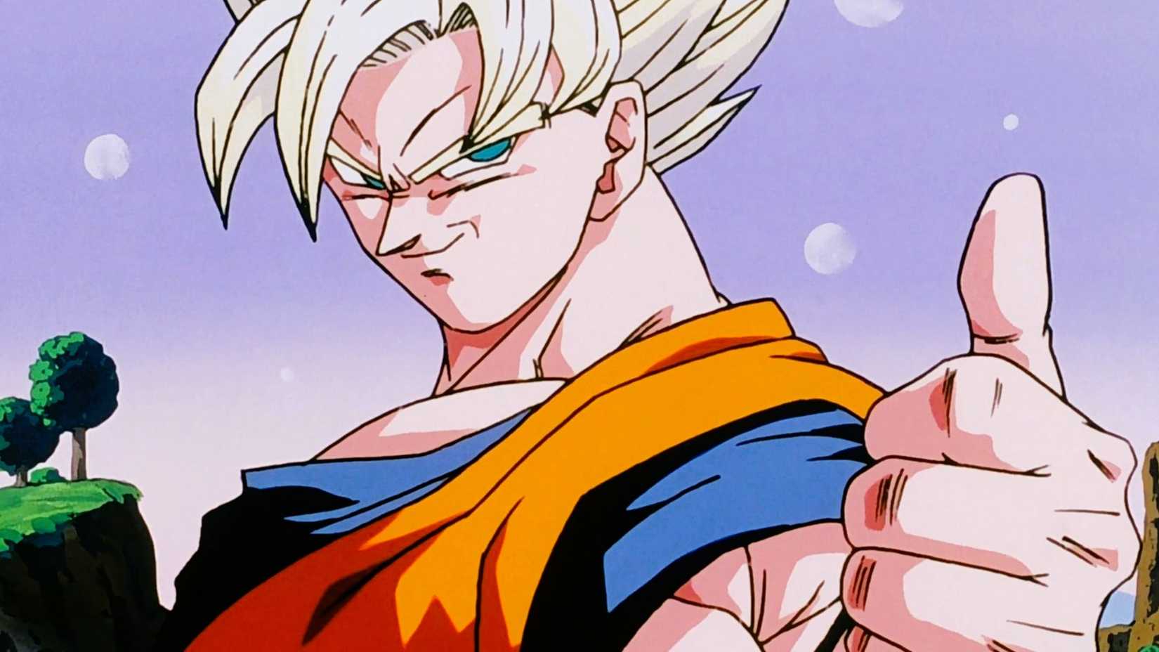 Dragon Ball Z anime's Super Saiyan Goku smiling and giving a thumbs-up sign