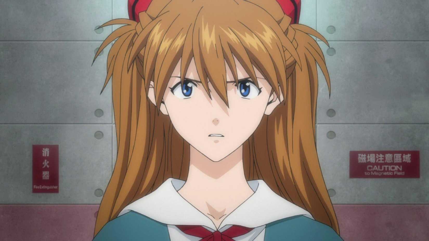 Asuka Langley Soryu from the Rebuild of Evangelion anime movies, dressed in her high school uniform with an anxious expression.