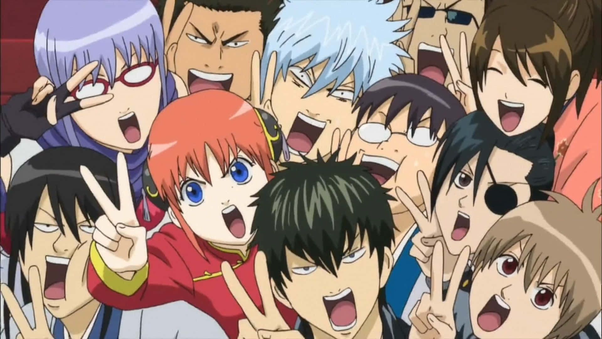 Gintoki, Kagura, Shinpachi, and rest of Gintama cast make peace signs in Gintama.