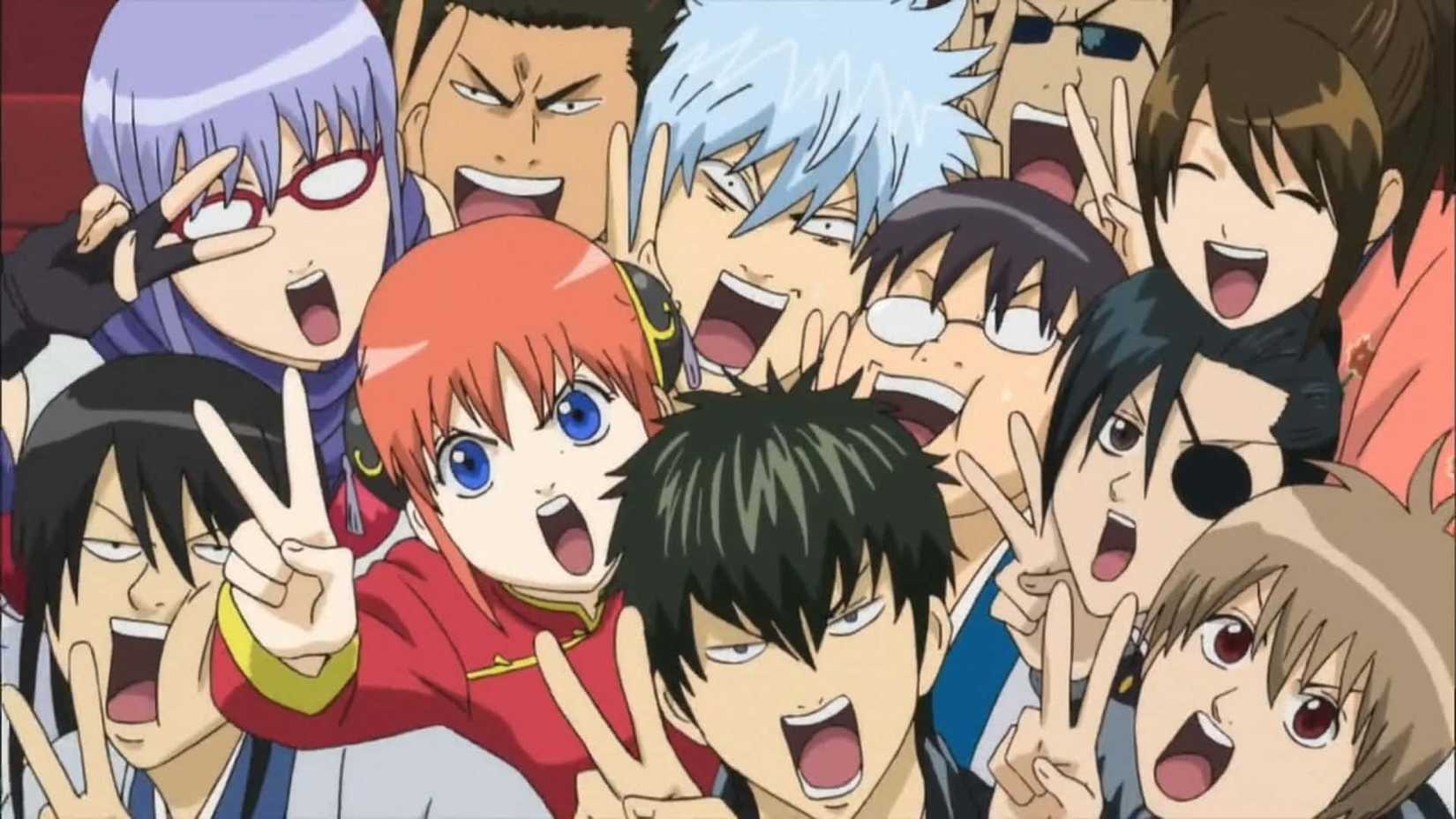 Gintoki, Kagura, Shinpachi, and rest of Gintama cast make peace signs in Gintama.