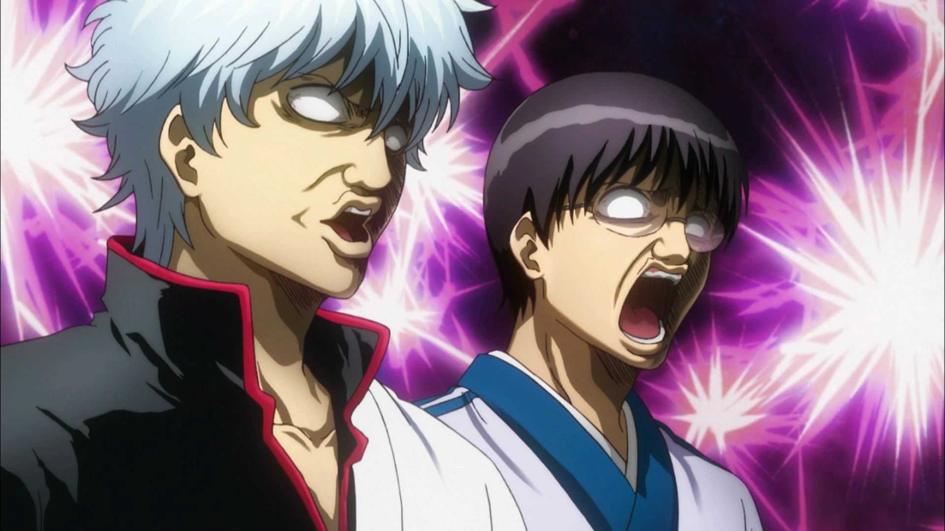 Gintoki and Shinpachi make ugly faces while being shocked in Gintama.