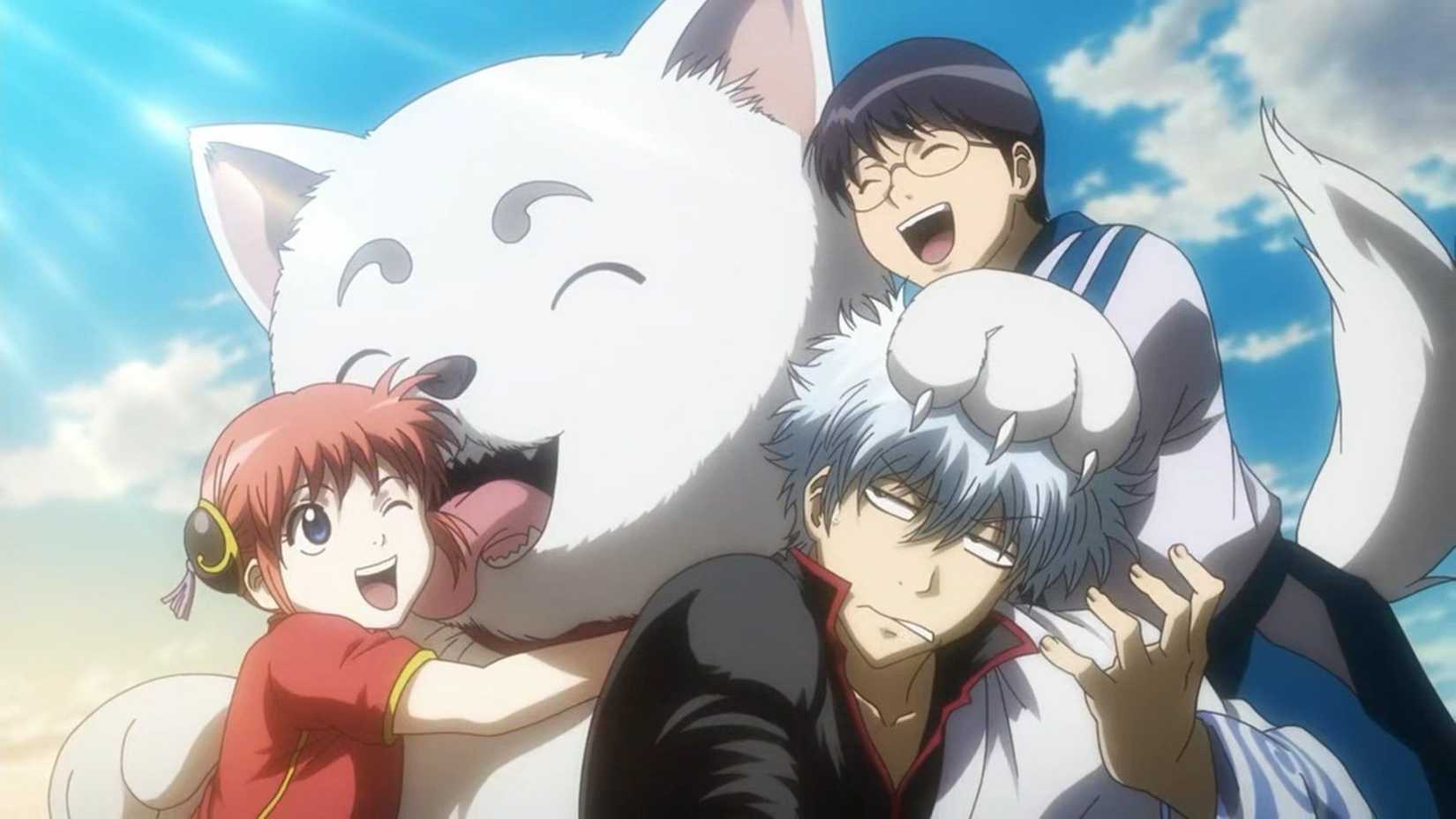 Sadaharu léchant Kagura, Shinpachi joyeux et Gintoki agacé dans Gintama.