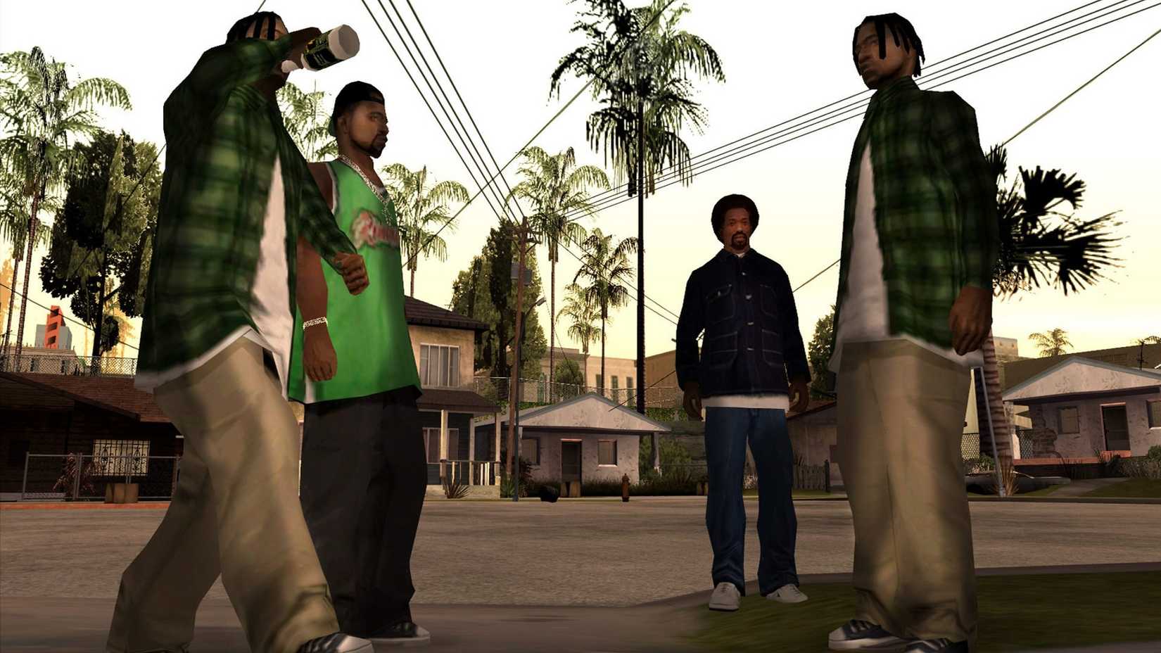 GTA san andreas gameplay shows a group of NPCs standing on the street of san andreas with palm trees and houses in the background