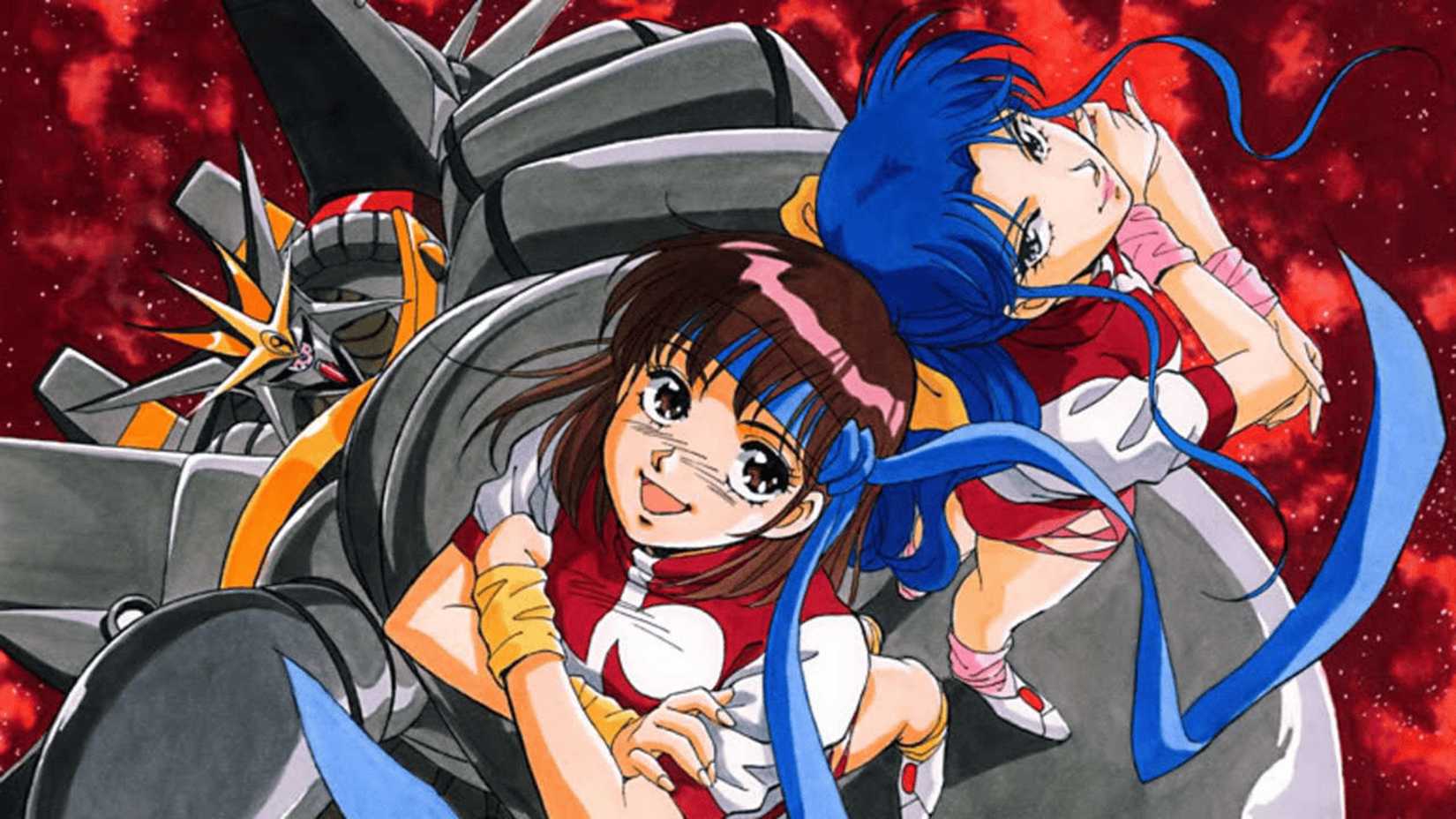 Noriko and other pilots assemble near their mecha in Gainax's Gunbuster.