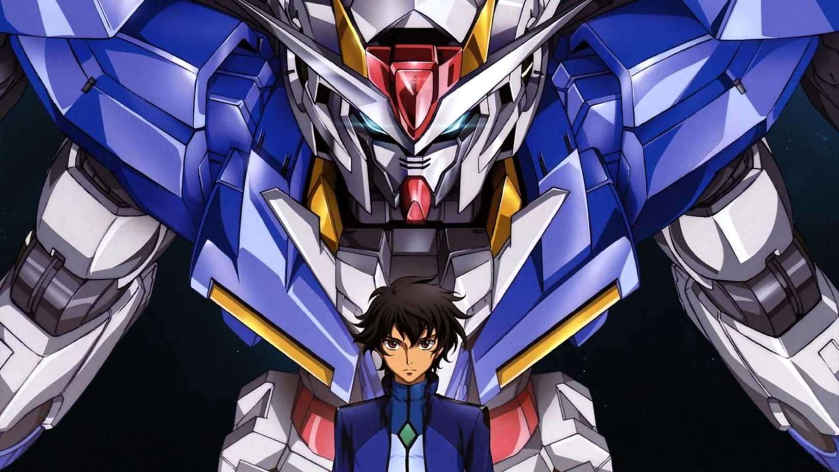 Setsuna F. Seiei standing in front of the Gundam Exia looking focused and completely ready to pilot