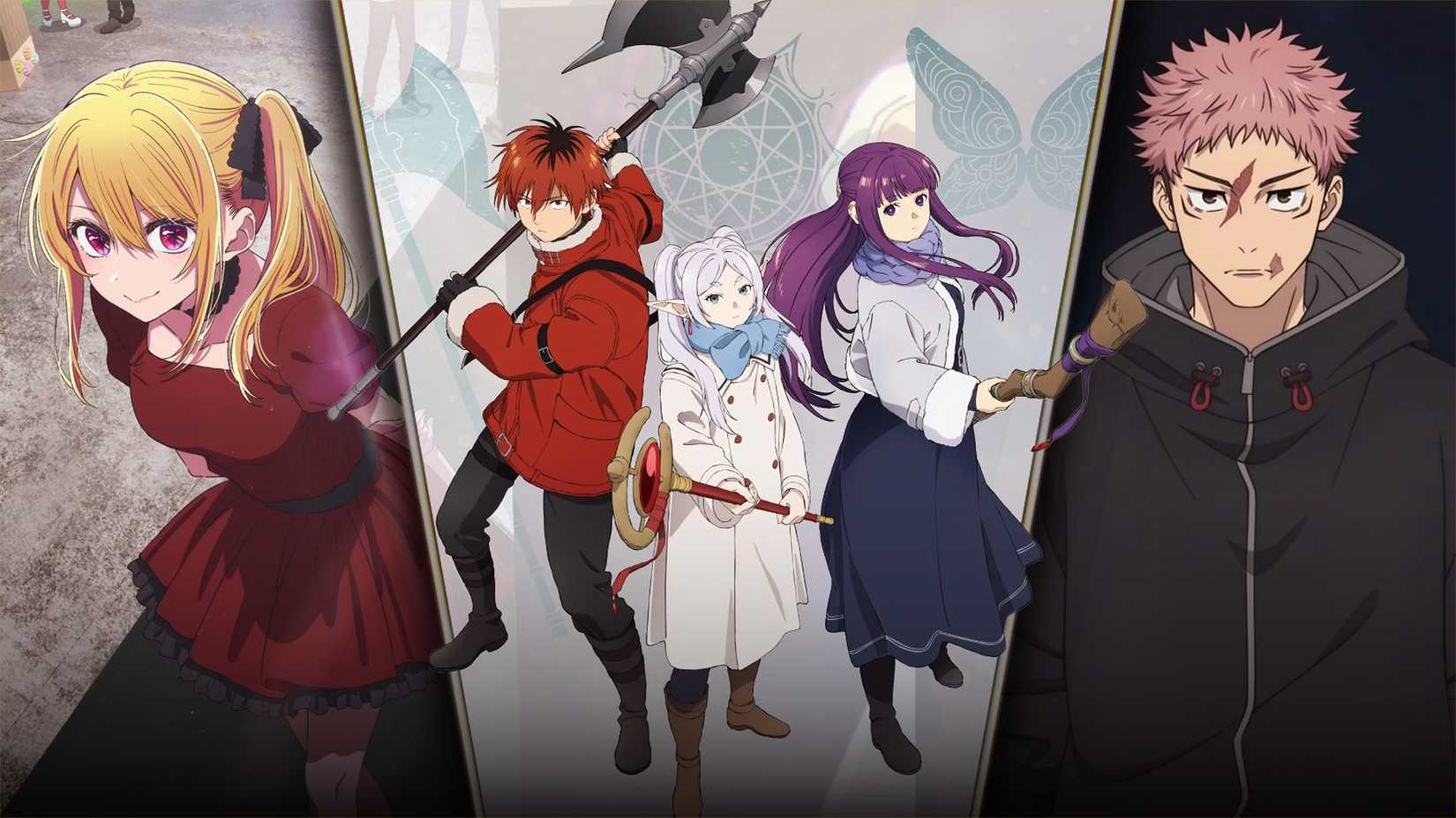 Oshi no Ko Saison 3, Frieren : Beyond Journey's End Saison 2 et Jujutsu Kaisen Saison 3 collage animé