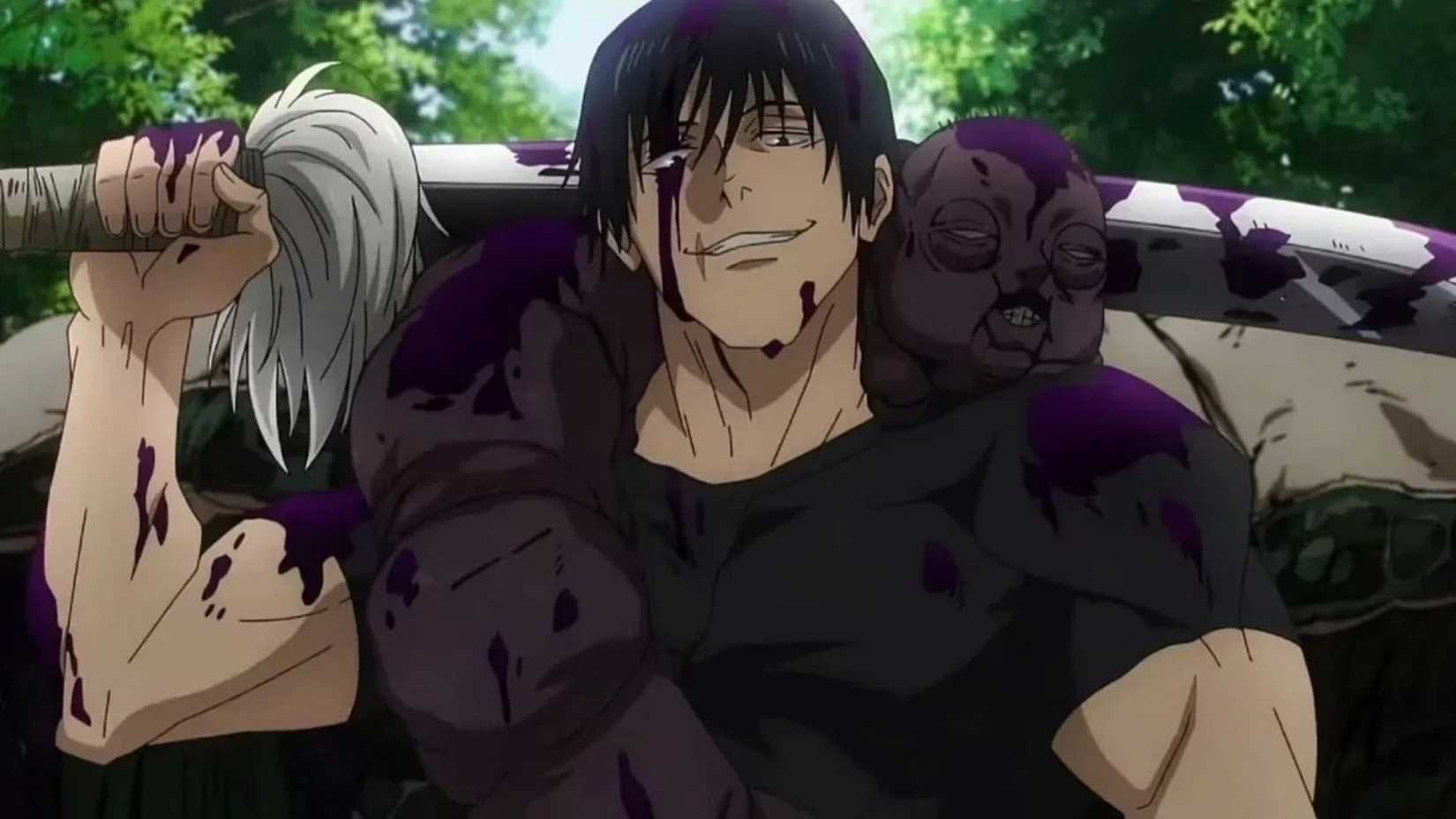 Jujutsu Kaisen Toji Fushiguro smiling with the Split Soul Katana on his shoulders