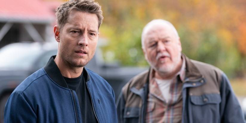 Justin Hartley as Colter and Brent Sexton as Keaton investigating a farm in Tracker 'Good Trouble'