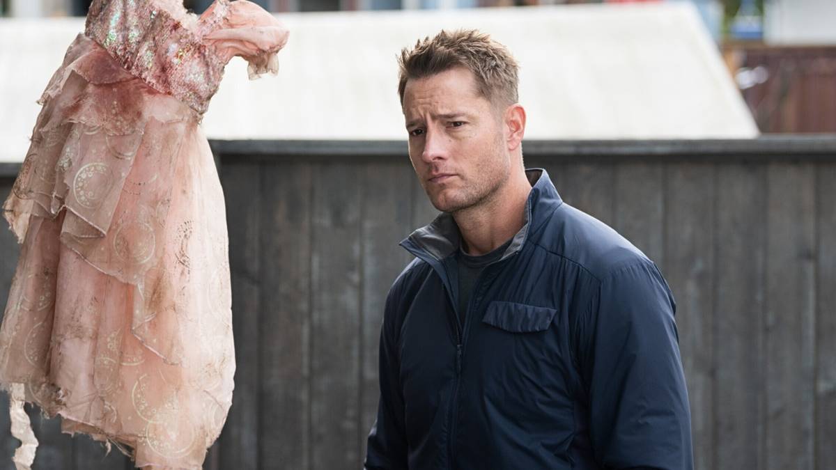 Justin Hartley as Colter Shaw next to a bloody dress in Tracker 'Eurydice'