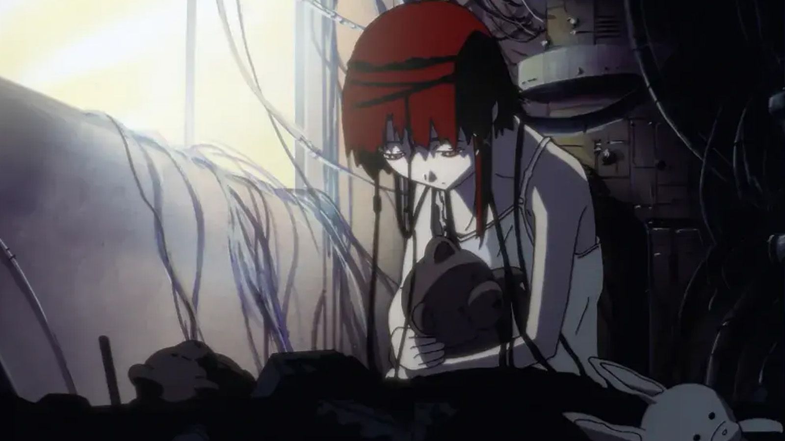 Lain connected to the Wired while holding a teddy bear in her arms