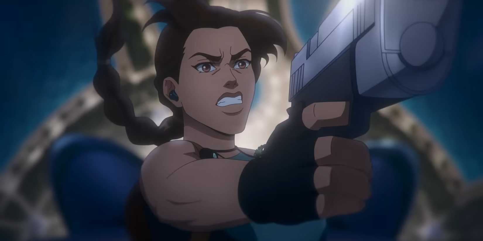 Lara Croft falling through the air while wielding a gun in Tomb Raider: The Legend of Lara Croft