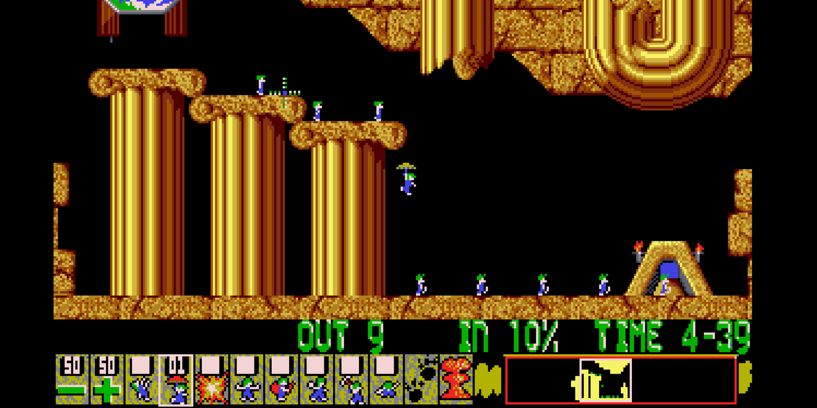 A team of lemmings falls from a ledge with some carrying umbrellas.