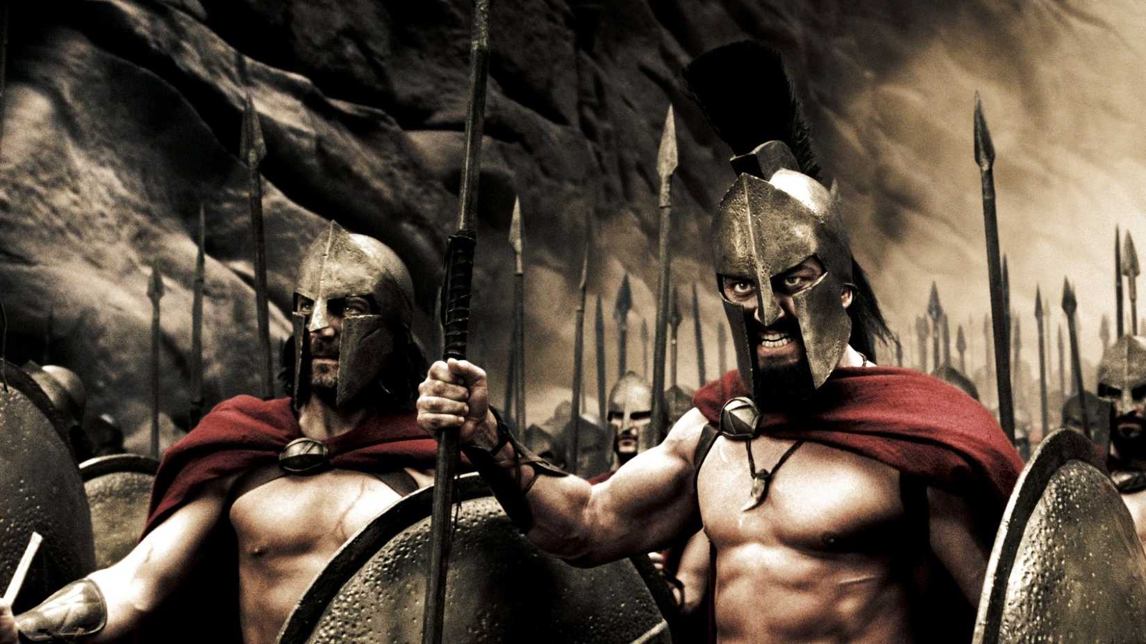 Michael Fassbender and Gerard Butler wearing armor in 300