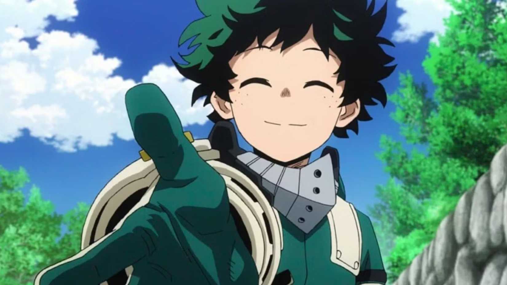 My Hero Academia Deku putting out a helping hand with a cheerful expression