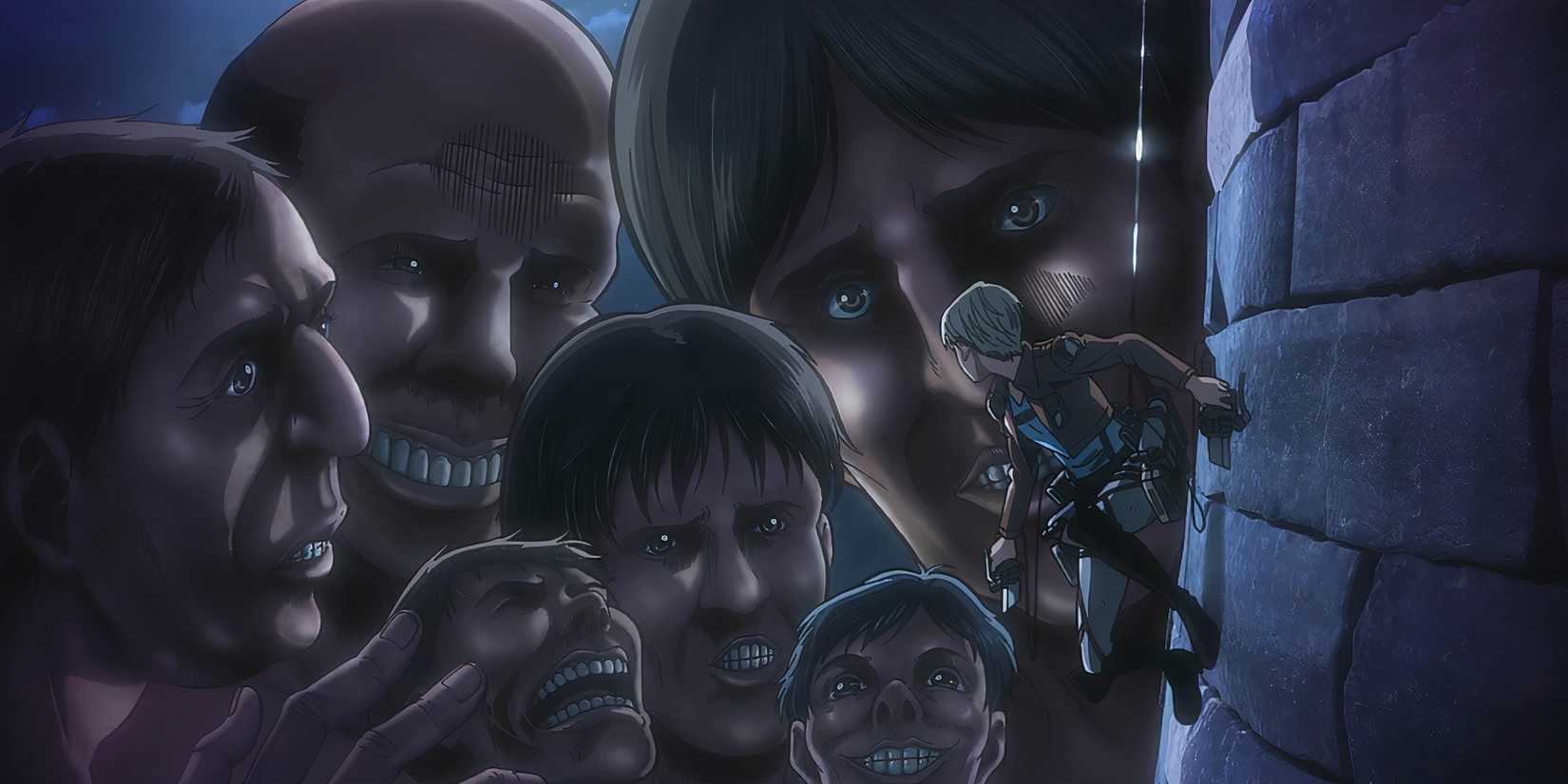 Nanaba clings to a tower with her ODM gear while a horde of Titans gather around her in the Attack on Titan anime