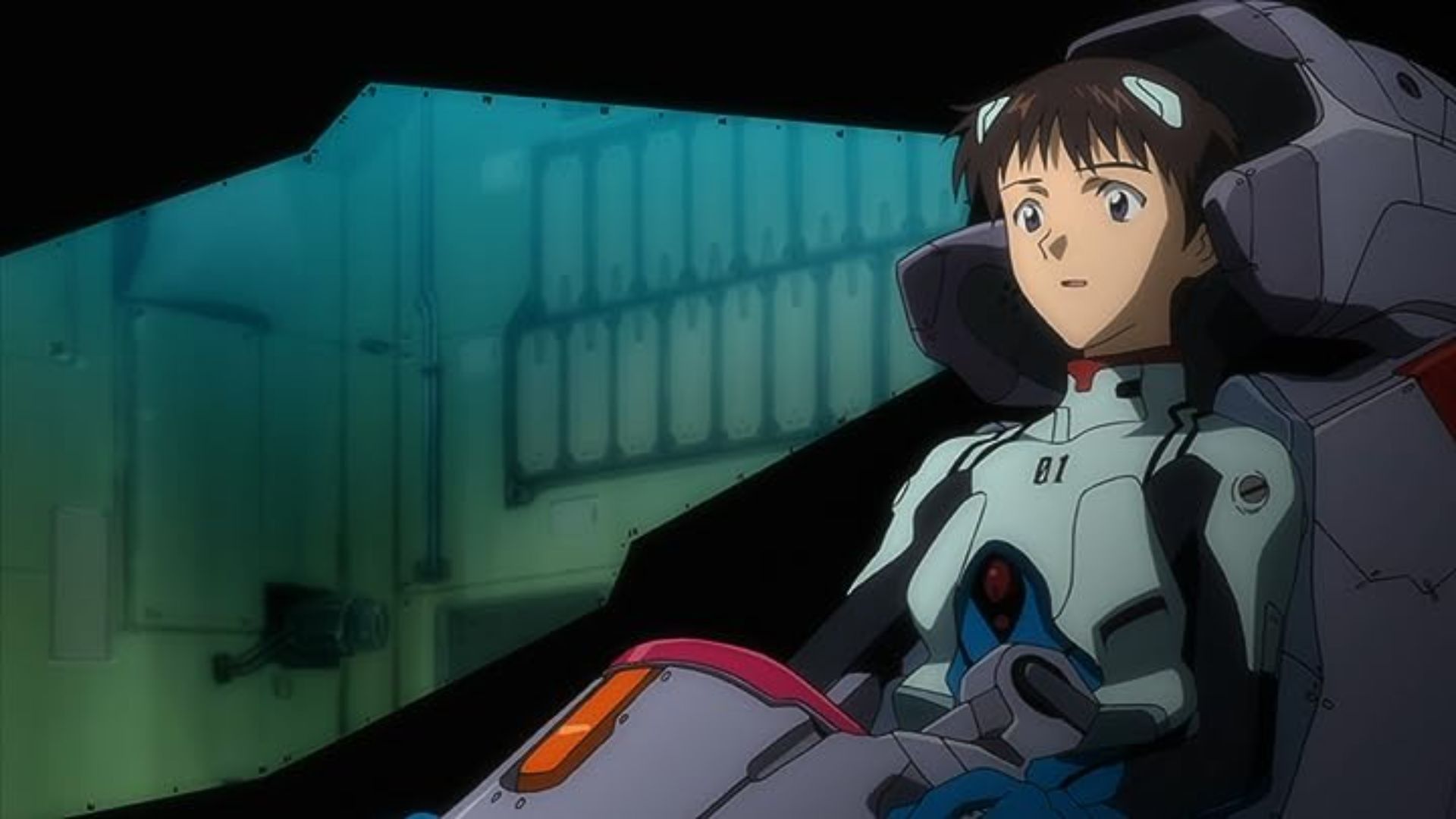 Shinji Ikari pilots EVA Unit-01 in the Neon Genesis Evangelion 1995 anime series