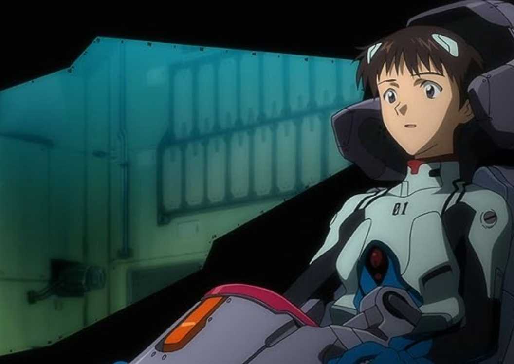 Shinji Ikari pilots EVA Unit-01 in the Neon Genesis Evangelion 1995 anime series