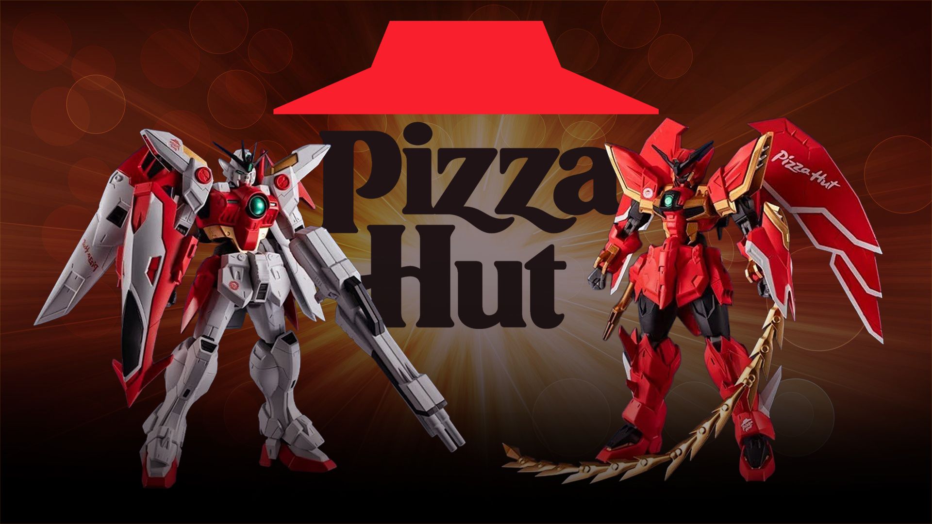 The Pizza Hut logo behind images of the Pizza Hut China Gundam Wing 30th Anniversary Meal Gundam Universe toys.