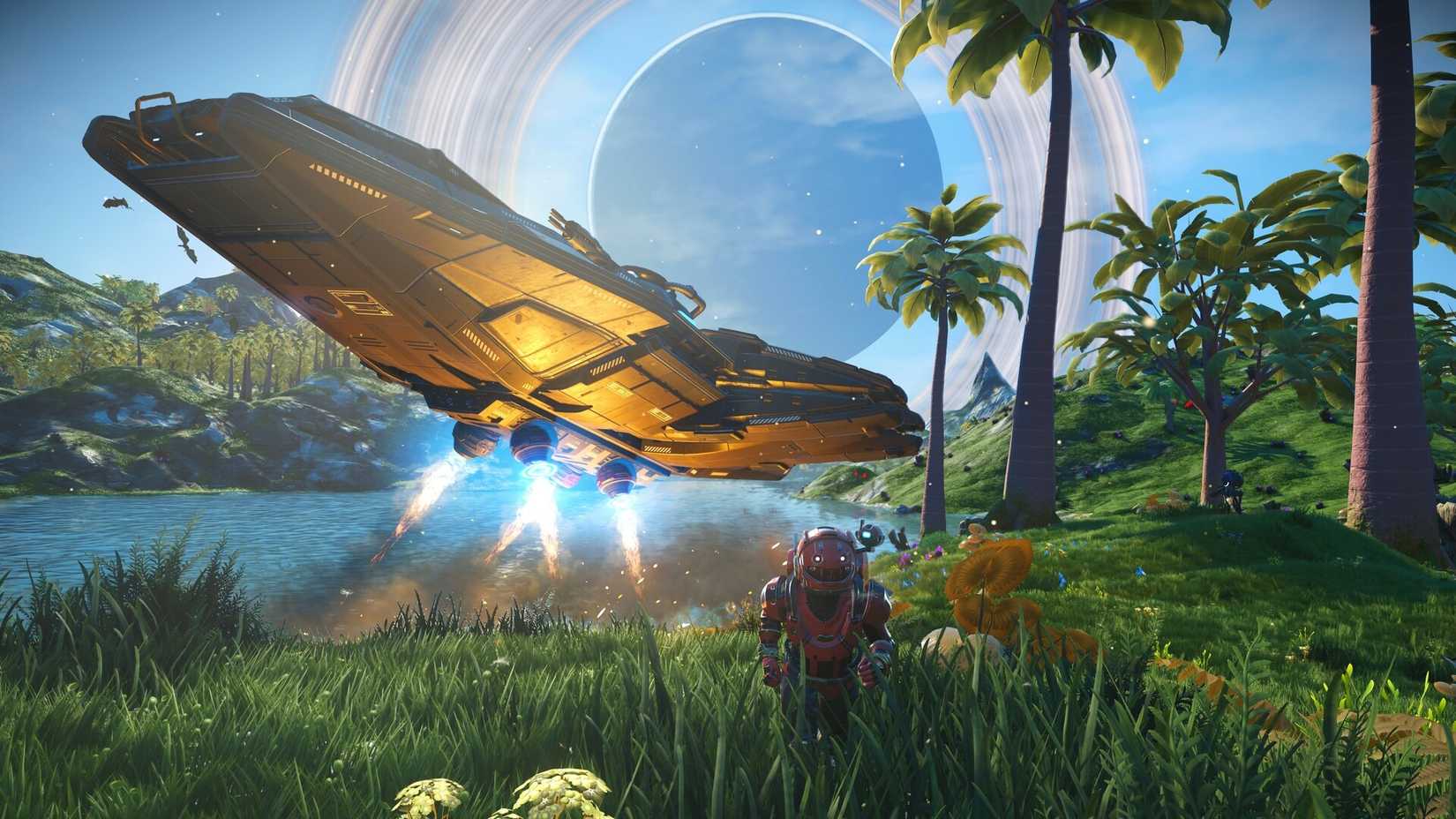 No Man's Sky screenshot showing a player exploring a peaceful, lush world with a spaceship hovering in the background